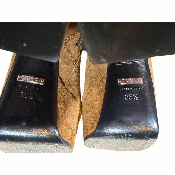 Gucci Claudie Suede Platform Ankle Boots Brown Zip Block Heel 35.5 - Picture 9 of 11